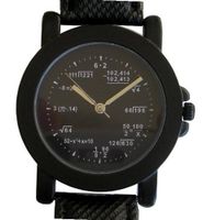 "Math Dial" Shows Pop Quiz Math Equations At Each Hour Indicator on the Black Dial of the Matte Black Metal with Black Leather Strap, Buckle and Crown