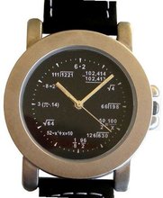 "Math Dial" Shows Pop Quiz Math Equations At Each Hour Indicator on the Black Dial of the Matte Chrome with Black Leather Strap and Compass