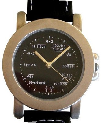 "Math Dial" Shows Pop Quiz Math Equations At Each Hour Indicator on the Black Dial of the Matte Chrome with Black Leather Strap and Compass