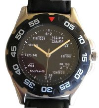 "Math Dial" Shows Pop Quiz Math Equations At Each Hour Indicator on the Black Dial of the Matte Chrome Sport with Black Plastic Turning Elapsed Time Bezel and Black Leather Strap