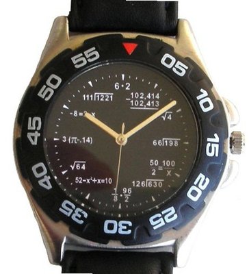"Math Dial" Shows Pop Quiz Math Equations At Each Hour Indicator on the Black Dial of the Matte Chrome Sport with Black Plastic Turning Elapsed Time Bezel and Black Leather Strap