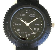 "Math Dial" Shows Pop Quiz Math Equations At Each Hour Indicator on the Black Dial of the Polished Chrome Sport with a Black Decorative Bezel and a Black Leather Strap