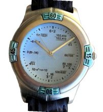 "Math Dial" Shows Pop Quiz Math Equations At Each Hour Indicator on the Light Blue Dial of the Brushed Chrome Sport with a Turning Elapsed Time Bezel and a Blue Croc Design Leather Strap