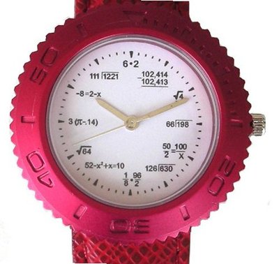 "Math Dial" Shows Pop Quiz Math Equations At Each Hour Indicator on the White Dial of the Polished Chrome Sport with a Red Decorative Bezel and a Red Leather Strap