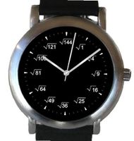 "Math Dial" Shows Square Root Equations At Each Hour Indicator on the Black Dial of the Brushed Chrome with Black Leather Strap