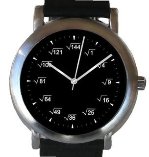 "Math Dial" Shows Square Root Equations At Each Hour Indicator on the Black Dial of the Brushed Chrome with Black Leather Strap