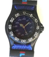 "Math Dial" Shows Square Root Equations At Each Hour Indicator on the Navy Blue Dial of the Small Black Plastic Sport with a Black Turning Elapsed Time Bezel and a Blue Nylon Strap with Black Accessories
