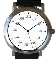 "Math Dial" Shows Square Root Equations At Each Hour Indicator on the White Dial of the Brushed Chrome with Black Leather Strap