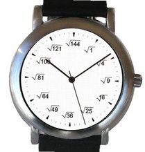 "Math Dial" Shows Square Root Equations At Each Hour Indicator on the White Dial of the Brushed Chrome with Black Leather Strap