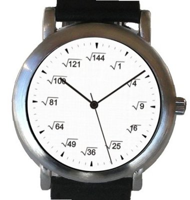 "Math Dial" Shows Square Root Equations At Each Hour Indicator on the White Dial of the Brushed Chrome with Black Leather Strap