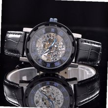 Black Leather Gold Skeleton Hand Wind Mechanical Unisex Dress es