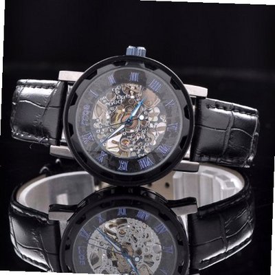 Black Leather Gold Skeleton Hand Wind Mechanical Unisex Dress es