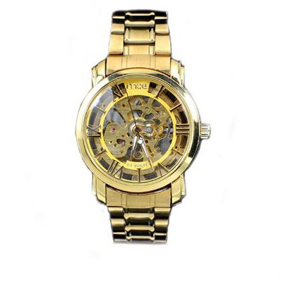 MCE Gent Golden Case Skeleton Dial Hand-Wind Up Leather Mechanical Luxury Design --MCE049