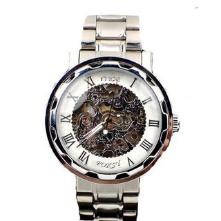 MCE Gent silver tone Case Skeleton Dial Hand-Wind Up Leather Mechanical Luxury Design --MCE063