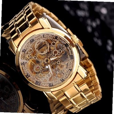 New Dress Fashion Clock Style Gold Tone Skeleton Mechanical