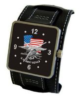 uMilitary Time "U.S. Navy Seals" Emblem Satin Finish 316L Stainless Steel Three Piece Case with a Black Leather Wide Cuff Strap 