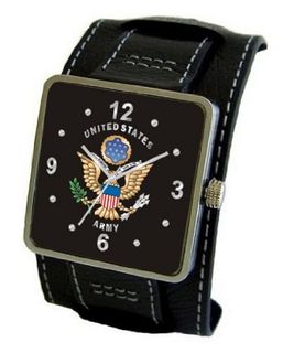 "U.S. Army" Classic Emblem Satin Finish 316L Stainless Steel Three Piece Case with a Black Leather Wide Cuff Strap