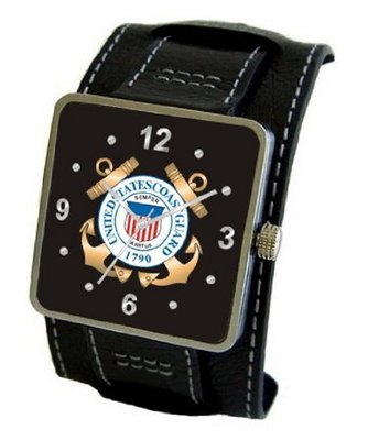 "U.S. Coast Guard" Emblem Satin Finish 316L Stainless Steel Three Piece Case with a Black Leather Wide Cuff Strap