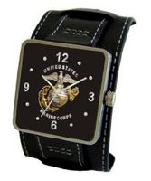 "U.S. Marines" Emblem Satin Finish 316L Stainless Steel Three Piece Case with a Black Leather Wide Cuff Strap