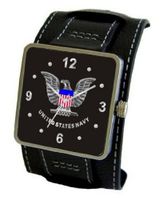 "U.S. Navy" Emblem Satin Finish 316L Stainless Steel Three Piece Case with a Black Leather Wide Cuff Strap