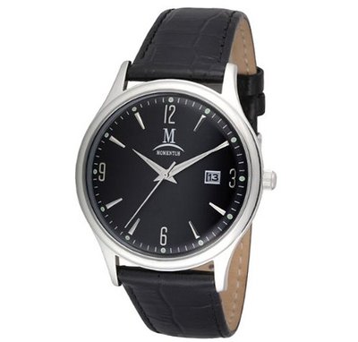 Momentus Stainless Steel Black Leather Band & Black Dial EM121S-04BS