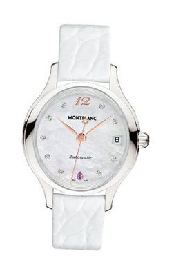 uMontblanc Mont Blanc Princesse Grace de Monaco White Mother of Pearl with Diamonds Dial White Leather Ladies 109274 