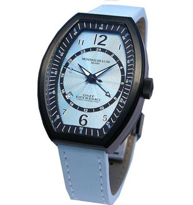 Montres De Luxe EXL 9201 Estremo Lady Black PVD Light Blue Sunray Dial Leather Luminous Date