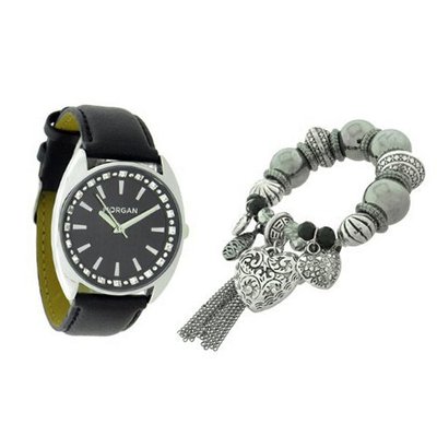Morgan De Toi M1093A Bracelet and Ladies Analogue Quartz Black Strap Diamante