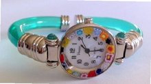 Ca D'oro Murano Millefiori Bangle Silvertone Clear Green Bracelet 