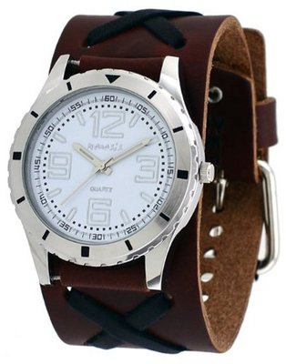 Nemesis #BBNXB096W Criss Cross Wide Leather Cuff Band Sporty White Dial