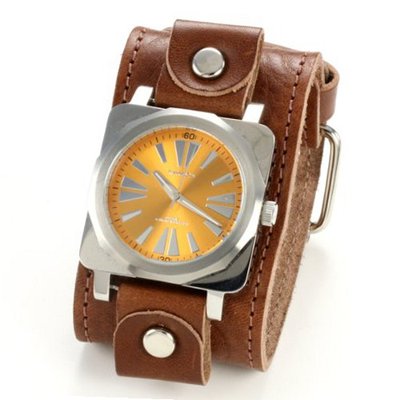 Nemesis BLBB063N Signature Stainless Steel Square Orange Dial Leather Cuff