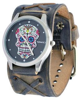 Nemesis #FXB925K Rock Collection Sugar Skull Grey Wide Leather Band