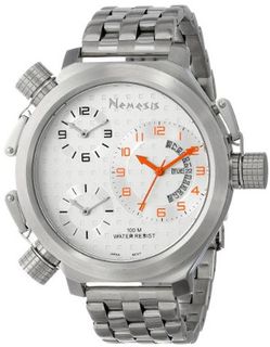 Nemesis ST080S Signature Collection 3-TimeZone Orange Silver Metal Band