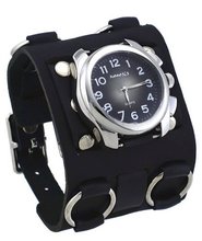 Nemesis #WB091K Super Wide Tri Clasp Leather Cuff Band Sunburst Black Dial
