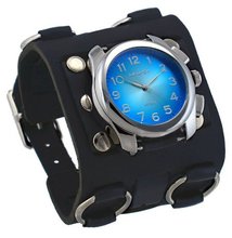 Nemesis #WB091L Super Wide Tri Clasp Leather Cuff Band Sunburst Blue Dial