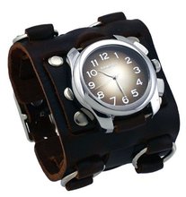 Nemesis #WBB091B Super Wide Tri Clasp Leather Cuff Band Sunburst Brown Dial