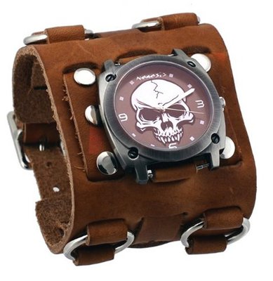 Nemesis #WBB926G Super Wide Tri Clasp Leather Cuff Band Death Skull Dial