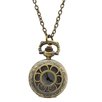 Antique Hollow Flower Style Brass Quartz Pocket With Chain Belt