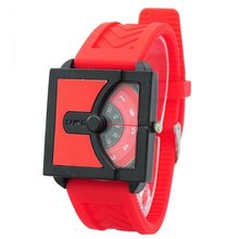One Piece Stylish Silicone band Unique One Index Semi Circle Turnplate Quartz Movement Wrist (Red)