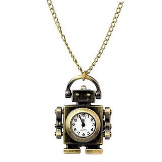 Stylish Mini Cute Bronze Robot-shaped Retro-style Pendant Pocket with Long Bronze Chain