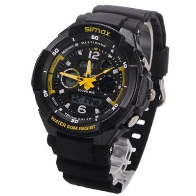 uNew Brand 50M Waterproof Sport with Dual Movement/Stop/Calendar/Week/Alarm/EL Backlight-Yellow 