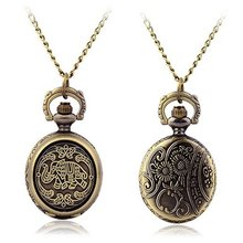 Vintage Type Brozne Punk Quartz Pocket Chain Necklace Elephant Pendant Clock