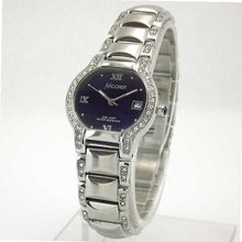 NICOLET Silver-Tone Black Dial Austrian Crystal Embellished Calendar Bracelet NC-2068W