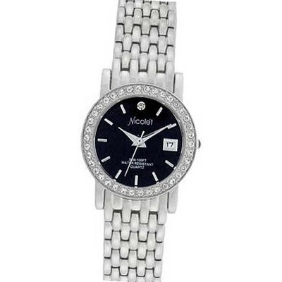 NICOLET Silver-Tone Black Dial Austrian Crystals Calendar NC-2088