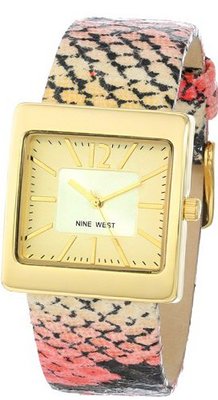 Nine West NW/1366NTPK Square Gold-Tone Pink Snakeskin Pattern Strap