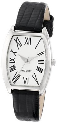 Nine West NW/1371SVBK Oval Silver-Tone Case Black Lizard-Grain Strap