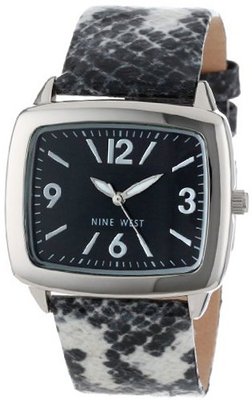 Nine West NW/1405BKBK Rectangle Silver-Tone Black Snakeskin Print Strap