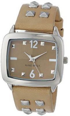 Nine West NW/1471BNCM Silver-Tone Pyramid Stud Accented Beige Strap