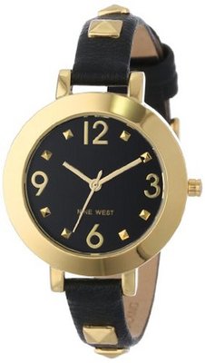 Nine West NW/1498BKBK Gold-Tone Pyramid Studded Black Strap