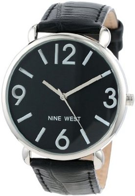 Nine West NW/1559BKBK Silver-Tone Black Croco-Grain Pattern Strap